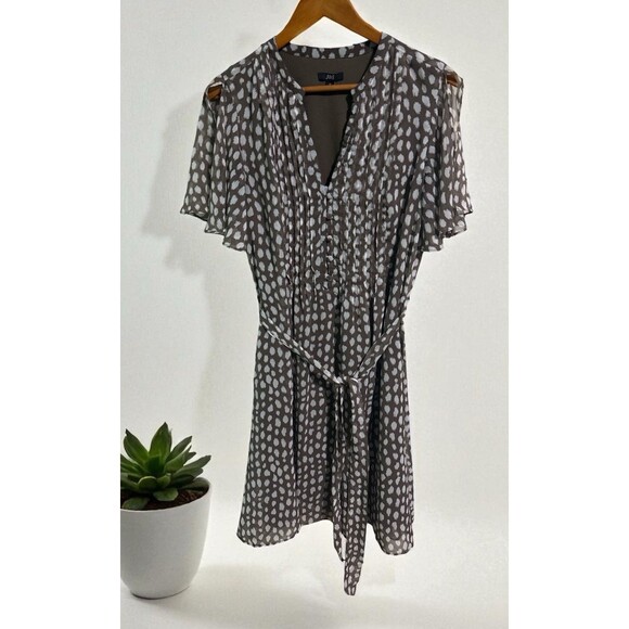 JBS Dress Women’s Size 12 Fit & Flare Midi Brown White Polka Dot Belted - Picture 1 of 5